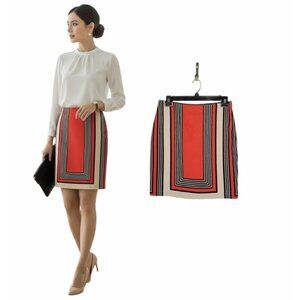 ⭐Women's Skirt New York & Company Size 8 Red Black Tan Side Zip Lined Geometric